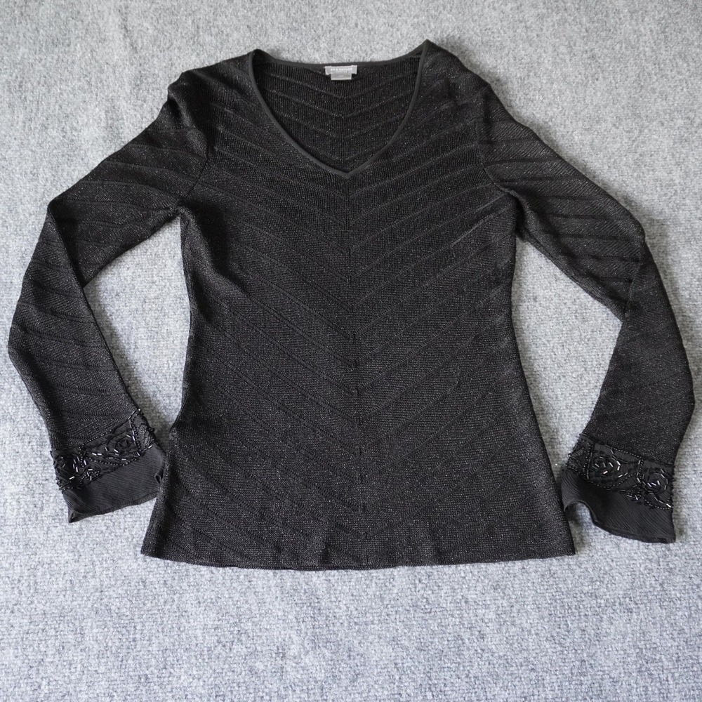 Ann Taylor Petites Black Beaded Cuff Sparkle Chevron Long Sleeve Top MP‎